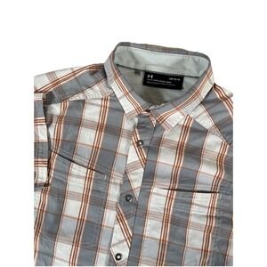 Under Armour Gray Orange White Plaid Short Sleeve Metal Snap Button Shirt Mens L